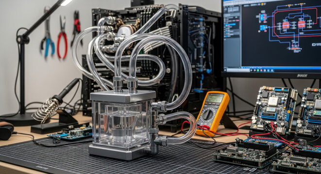 Close-up of a computer workstation with various technical equipment and tools on a desk.