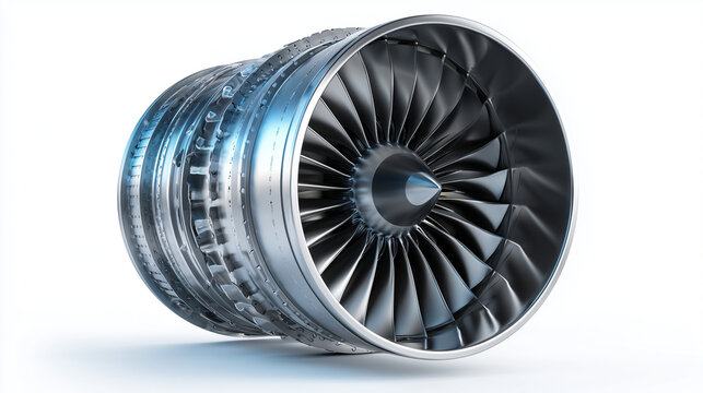Modern turbofan jet engine isolated on white background, detailed aerospace turbine with metallic blades, high tech aviation propulsion concept.