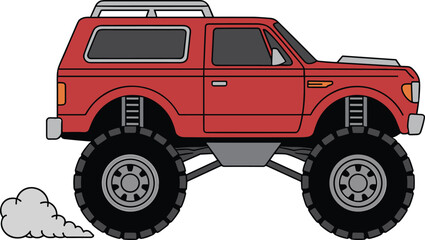 Red monster truck vector illustration with oversized tires for automotive and adventure designs © MdIbrahimIslam