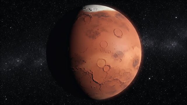 A red planet with polar ice cap gleams against a backdrop of endless stars