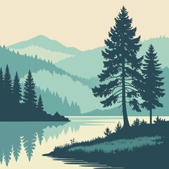 Fototapeta premium A serene lake scene with trees and mountains
