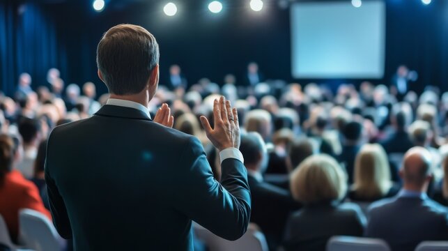 Annual business conference audience applauding speaker, large event venue, professional atmosphere 