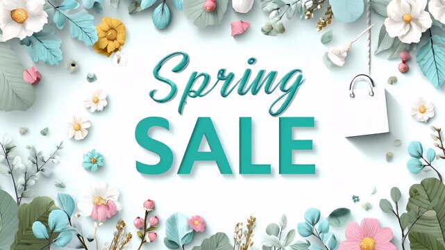 Retail promotion campaign advertisement. A vibrant and colorful illustration features the words Spring Sale in bold, turquoise cursive font against a light blue background.