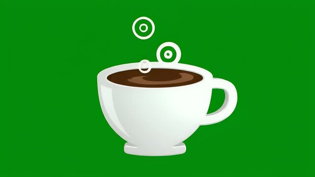 A white coffee cup with dark coffee and steam rising on a green background