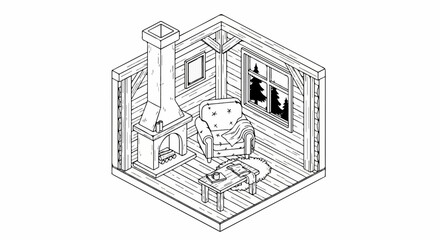 Obraz premium Cozy isometric cabin interior with fireplace, armchair, and window view