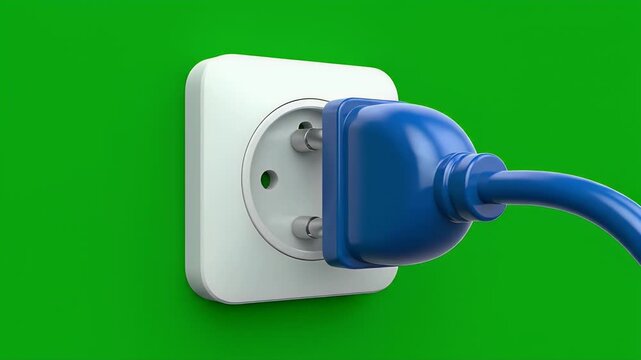 A blue electrical plug is inserted into a white wall socket on a green background