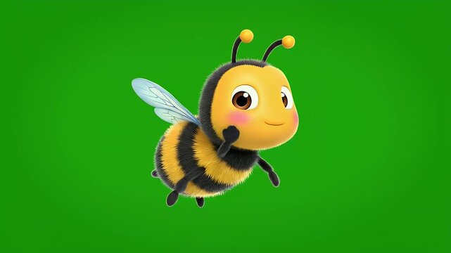 A fluffy cartoon bee with black stripes and transparent wings flies on a green background