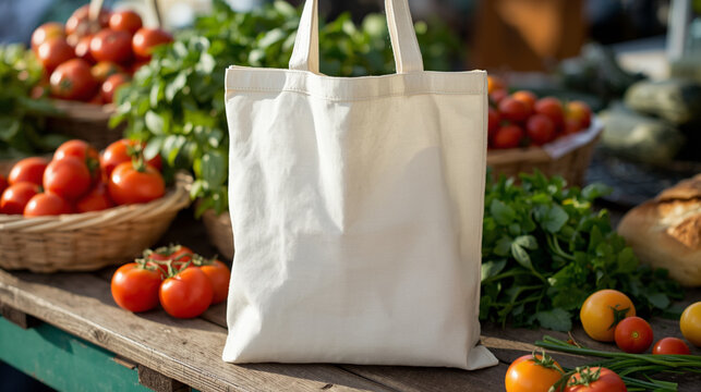 Blank Canvas Tote Bag at Farmers Market &ndash; Sustainable Eco Friendly Shopping Concept