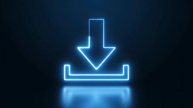 Glowing blue neon download icon on a dark reflective surface