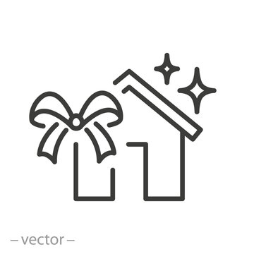 new home icon, house with bow, present or special offer, gift housing, thin line symbol on white background - editable stroke vector illustration eps10