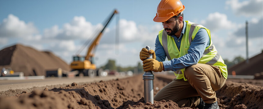 Construction worker performing soil compaction test at construction site  