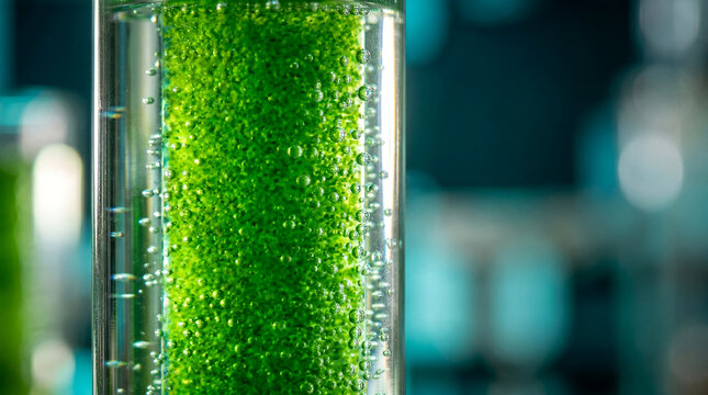 Green microalgae bioreactor close-up texture bubbles transparent tube sustainable carbon capture