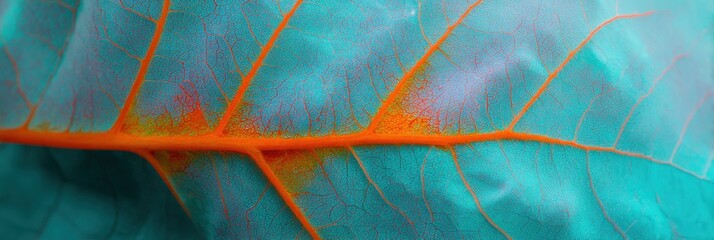Obraz premium Closeup leaf vein texture turquoise orange macro botanical detail organic pattern nature abstract vibrant contrast close up natural surface