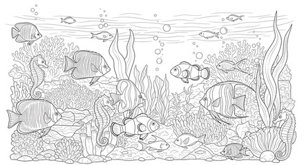 Fototapeta premium Underwater Coral Reef Coloring Page with Tropical Fish and Seahorses