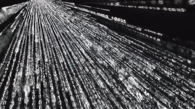 Cascading digital streams of binary code against a dark, textured background