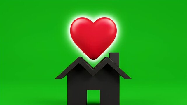 A black house silhouette with a bright red heart glowing above it on a green background