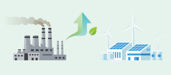 Obraz premium Industrial pollution changing to clean energy with solar panels wind turbines and green growth concept for sustainable industry and net zero future