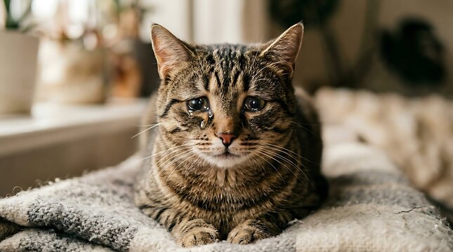 Sad tabby cat crying while laying on a soft blanket indoors