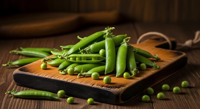 Fresh green peas on a wooden cutting board