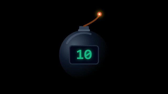 Stylized 2D animation of a round bomb with a burning fuse and digital timer counting down on a black background, representing urgency and deadline.