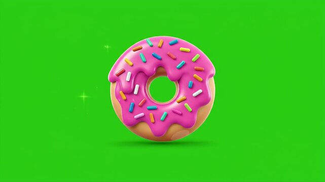 A bright pink frosted donut with colorful sprinkles sits on a vibrant green background