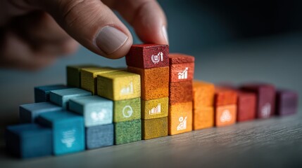 Fototapeta premium A hand places a red wooden block atop a colorful ascending bar chart made of wooden blocks, symbolizing business growth and data analysis.
