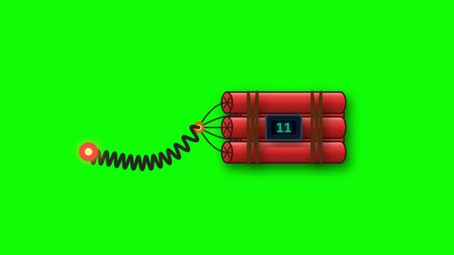 Animated dynamite bomb with digital timer countdown and burning fuse on chroma key green background