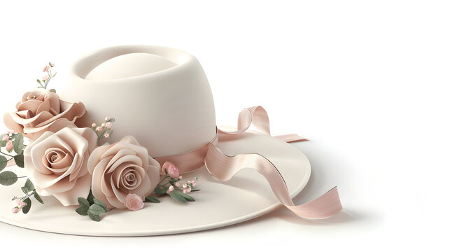 Elegant Lady Derby Hat with Flowers and Copy Space on White