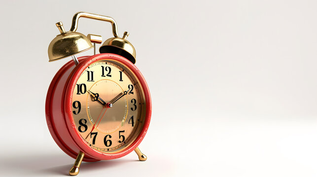 Vintage Red Alarm Clock with Copy Space on White Background