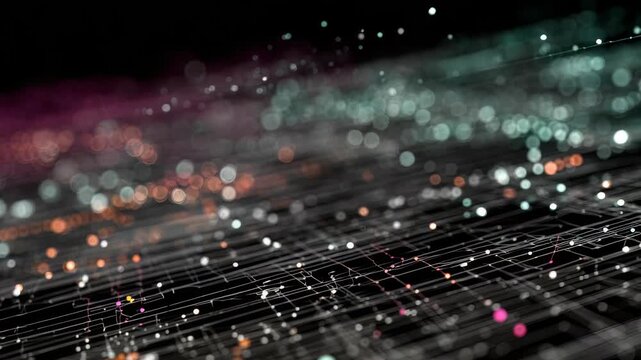 Vivid 3D illustration of a digital network with colorful particles and interconnected lines, symbolizing innovation and virtual connectivity. Perfect for technology, AI, and data science themes