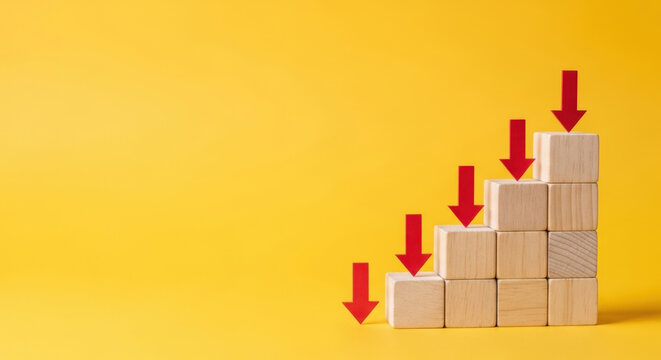 Business Recession Concept Wooden Blocks Decreasing Arranged Graph Red Downward Arrows Showing Downturn Financial Problems Economic Decline Failure Investment
