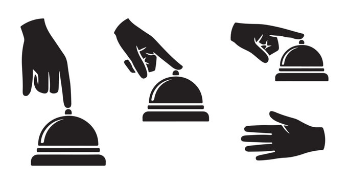  Hand pointing at service bell vector icons for reception assistance and customer support in hotel or office.