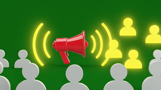 A red megaphone broadcasts a bright yellow sound wave to a group of white figures