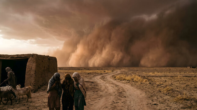 Dust Storm Approaching Village - Climate Change Impact