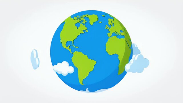 A cartoonish globe with green continents floats amidst fluffy white and blue clouds