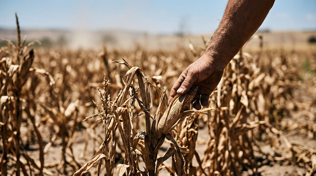 Drought-stricken Cornfield: Farmer's Hand Examines Dry Crop