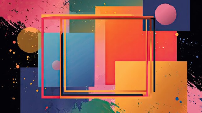 Abstract geometric composition with squares circles and brush strokes in vibrant colors