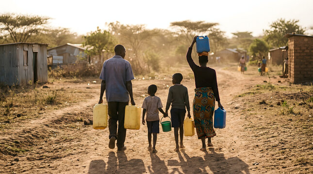 African Family Carrying Water Containers