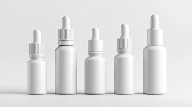 Five blank white cosmetic dropper bottles on clean white surface, minimal mockup for skincare branding, packaging design, and product presentation.