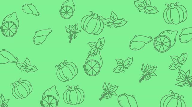 Drawings of lemons squash and basil on green background. Perfect for food packaging, recipe cards, and summerthemed designs.