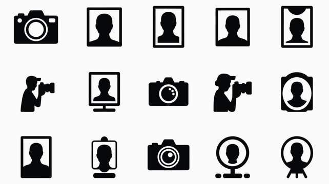 Collection of black silhouette icons featuring cameras people and photography symbols on a white background