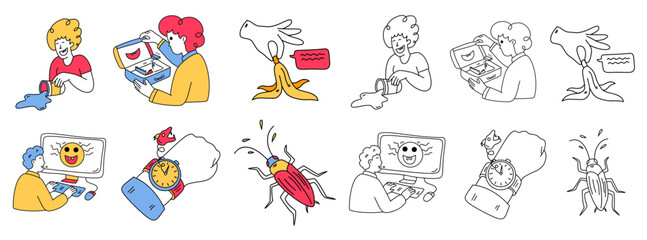 Fototapeta premium funny people playing pranks with banana peel cockroach and computer screen face