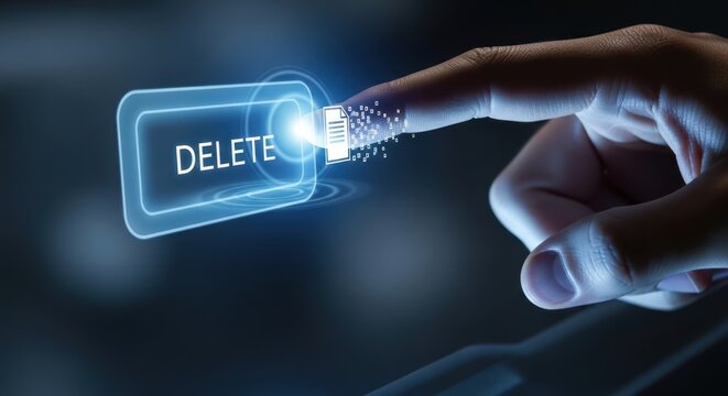 Close up of a hand pressing a virtual delete button removing a file from a system