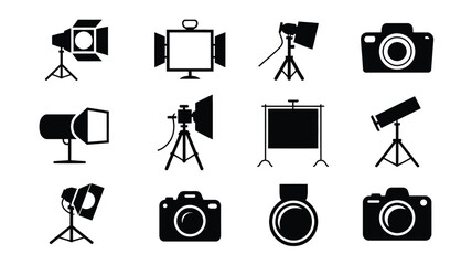 Collection of black and white photography equipment icons including cameras lights and screens on stands © Tuli