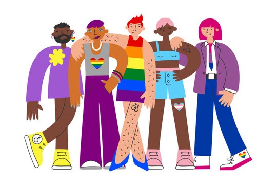 Group of diverse people together with LGBT colors and symbols. Concept of identity, self-expression, individuality, acceptance, equality, inclusion, community, unity, support, solidarity, freedom.