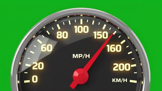 Close-up of a speedometer indicating 100 MPH against a green background