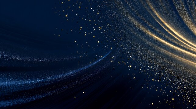 Abstract blue and gold flowing particles create an elegant, dynamic wave effect