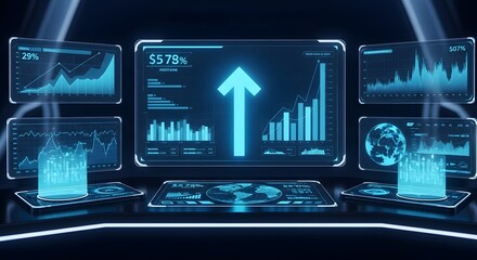 Obraz premium A futuristic digital dashboard displaying various graphs and charts with a glowing blue upward trend arrow on a dark background