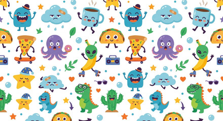 Obraz premium Seamless Pattern of Funny Flat Vector Characters on White Background