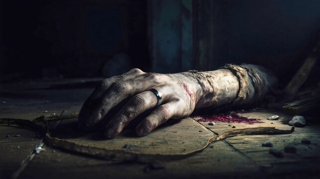 High-detail shot of a pale severed hand on a dirty tiled floor, forensic evidence and survival horror movie background.